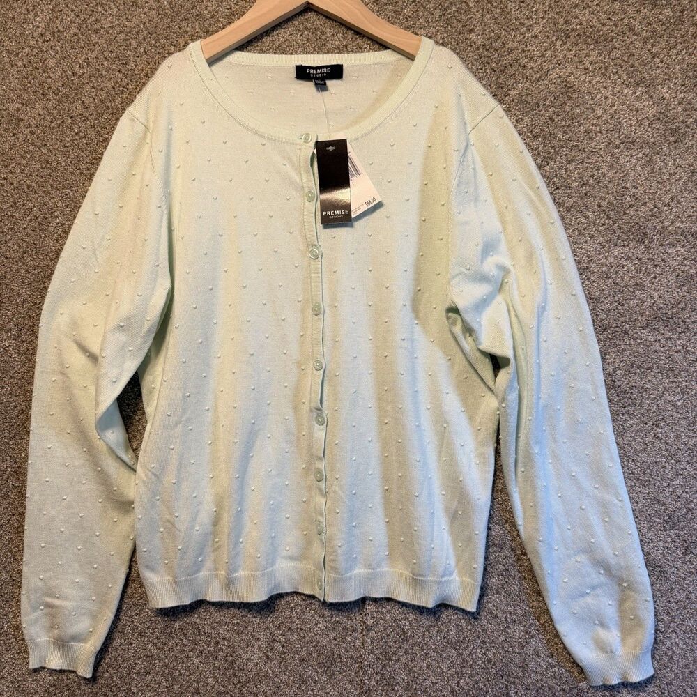 Premise Studio Mint Green Textured Dotted Button Front Cardigan Sweater Size L